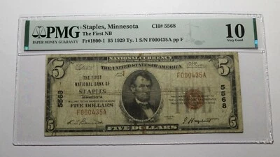 $5 1929 Staples Minnesota MN National Currency Bank Note Bill Ch #5568 VG10 PMG - Image 1 of 4