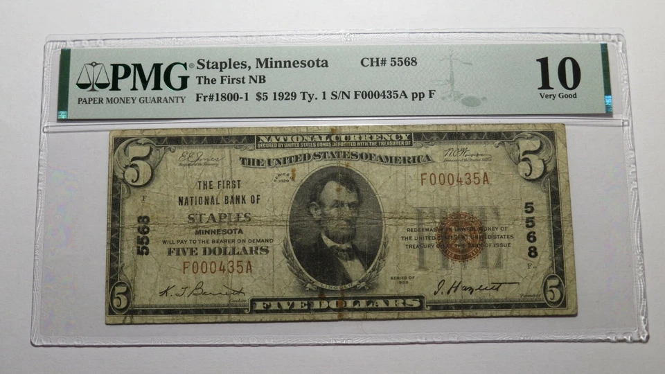 $5 1929 Staples Minnesota MN National Currency Bank Note Bill Ch #5568 VG10 PMG - Image 1 of 4