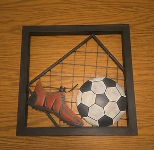 Framed Soccer Ball, Shoe & Net Metal Wall Hanging Sign 3D Decor Sports Theme - Picture 1 of 1