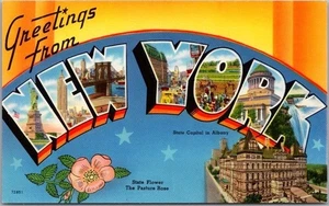 Tarjeta postal grande vintage de Nueva York Capitolio del Estado y flor / Tichnor CROMO - Imagen 1 de 2