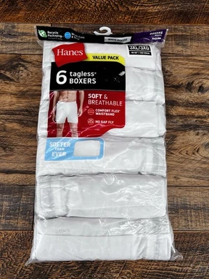 Hanes 6 Pack Tag less Woven White Boxers Soft Breathable No Gap Fly Size 3XL - Image 1 of 4