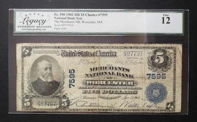 USA 5 Dollars 1902/5 Merchants National Bank, Worcester, Legacy Grading F 12 - Image 1 of 2