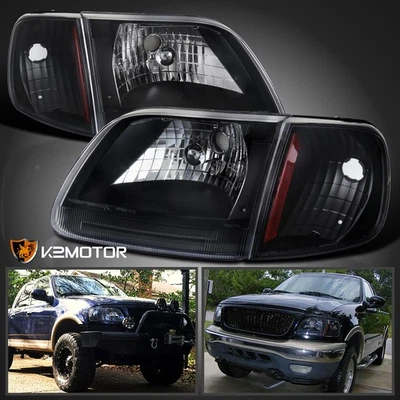 Fits 1997-2003 Ford F150 Expedition Black Headlights+Corner Signal Lamps 97-03 - Image 1 of 4