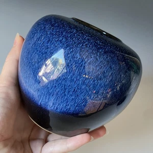 Vintage 20th C. Retro Blue Flambe Glaze Stoneware Ceramic Vase - Picture 1 of 7