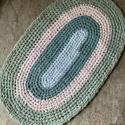 Alfombra de trapo hecha a mano 20 x 34 algodón pastel sólidos, azul, verde, rosa, verde azulado  Foto 1 de 4