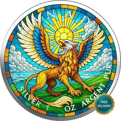 2025 1OZ Silver Canada Stained Glass Griffin Colorized Color Certif. ONLY100 #33 - Image 1 of 4