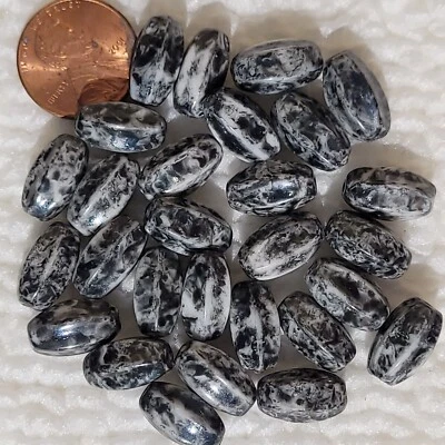 28 Mottled Black and White 7x14mm oval Czech pressed glass beads BBB - Image 1 of 3
