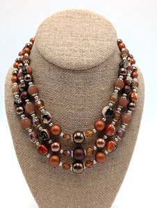 Vintage Marked Japan 3 Strand Acrylic Gold and Brown Bead Necklace - Picture 1 of 13