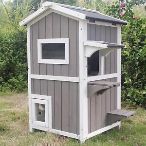 PetsCosset Outdoor Cat Shelter Two Story Wooden Cat House with Roof,Grey