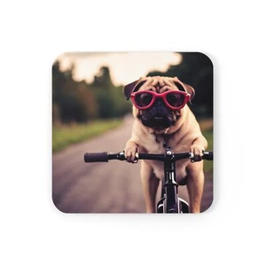 Pug on Bicycle - Corkwood Coaster Set of 4 - Picture 1 of 5