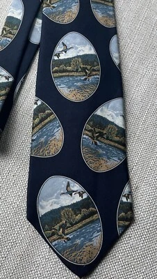 Eddie Bauer 男式海军丝绸复古 90 年代鸭主题领带 B — 第 1/4 张图片