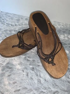 Bongo Womens Sz 10  Wooden Platform Sandals Leather straps Y2K  made In Brazil  - Picture 1 of 5