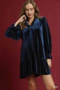 Umgee Velvet Ruffle Trim Mini Dress - Picture 1 of 8