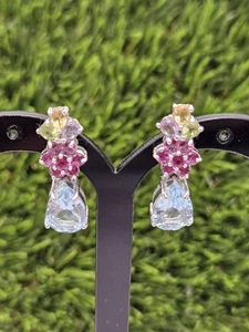 Sterling Silver Multi Gemstone Drop Earrings. pierced ears. - Picture 1 of 13