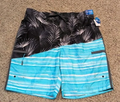 Wave Zone Men's Size XL Swim Shorts Black Teal Tropical Pockets Elastic NWT - Image 1 of 4