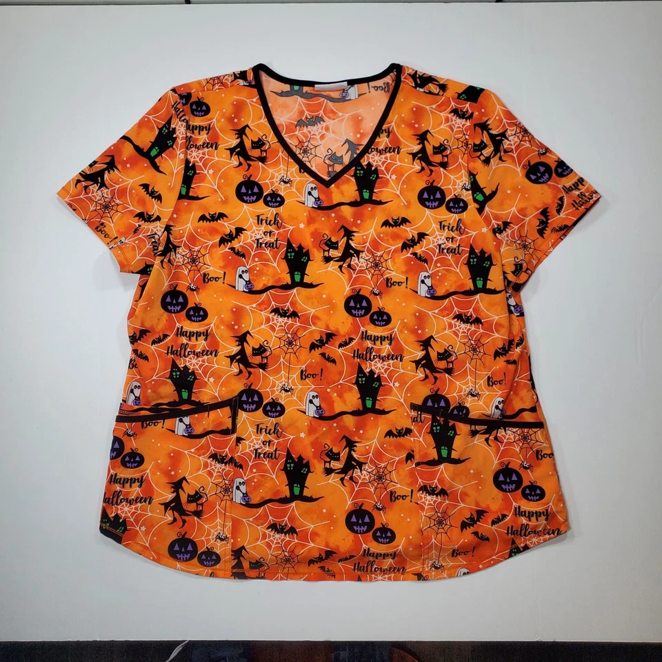 Women's Scrubstar Orange Halloween Witch Ghost Bat Scrub Top Shirt Medium - Image 1 of 4