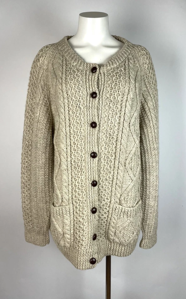 VTG. An Irish Traditional Womens Ivory Fisherman Knit Wool Button Cadigan XL - Image 1 of 4