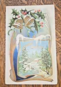 New Year Postcard Ringing Bells And Holly Berries Winter Scene Embossed 1911 - Picture 1 of 2