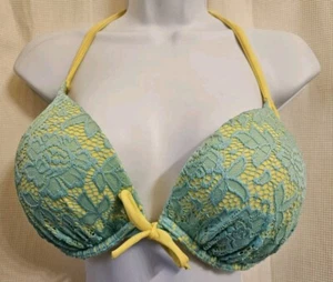 Victoria Secret Bombshell Pushup Halter Bra 34DD Neon Blue Yellow Floral Lace BB - Picture 1 of 4
