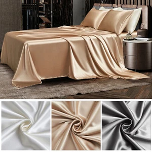 Satin Imitation Silk 4 piece Bedding Set Silk Bed Sheet Silk Quilt Cover Bedding - Picture 1 of 37