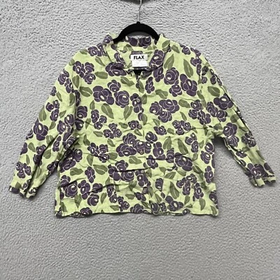 Flax Top Womens L Green Floral Linen Button Up Lagenlook Hippie Beach Hippie - Image 1 of 4