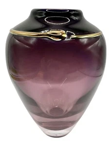 "Florero de vidrio firmado Suzanne Kindland Icefire Glassworks púrpura Ombré dorado 6,5""" - Imagen 1 de 5