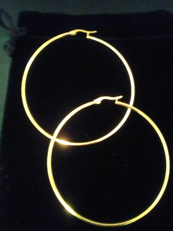 14KT GOLD & STS SNAP BACK ROUND HOOP EARRINGS  2 INCH SPECIAL  50 MM + BONUS! - Image 1 of 1