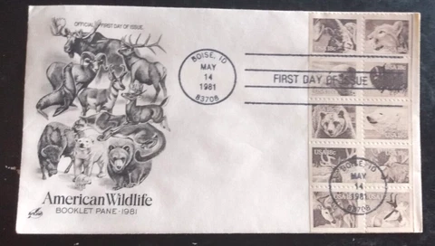 AMERICAN WILDLIFE 1981 COMPLETE BOOKLET PANE 10 STAMPS DEER BEAR  BISON ELK FDC Cover