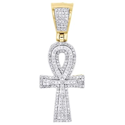 10K Yellow Gold Plated Diamond Egyptian Ankh Cross Pendant 1.5" Pave Lab Created - Image 1 of 4