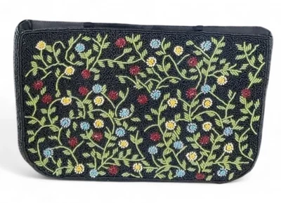 BARSE Double Handle Purse Bag FULLY BEADED FLOWERS ON BLACK Seed Beads SATCHEL - Image 1 of 4