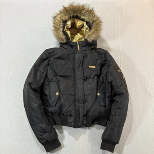 Y2K Apple Bottom Fur Hood Puffer Jacket XL Crop Bomber Black Down Vintage - Bild 1 von 19
