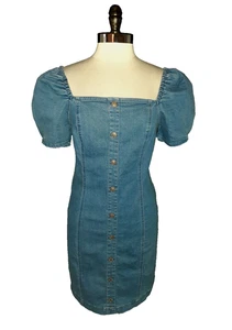 NEW FOREVER 21 Plus Size 0X Sheath Dress Blue Stretch Denim Short Sleeve - Picture 1 of 4
