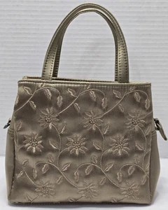 Nine West Small Taupe Nylon Embossed Floral Handbag Purse W/ Shoulder Strap - Picture 1 of 14