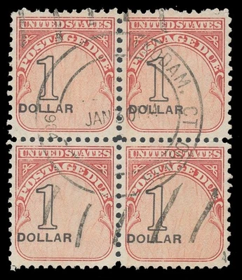 USA Sc. #J100, $1.00 BLOCK OF 4, STRONGLY SHIFTED TO THE LEFT, USED - Image 1 of 2