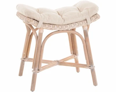 Rattan stabiler Fußhocker geschwungene Ablage, Schemel mit Kissen (Vintage Weiß) - Bild 1 von 4