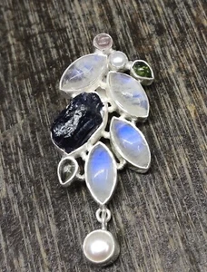 925 Sterling Silver Natural Moonstone,Iolite Rough,Tourmaline Cute Pendant 2.1" - Picture 1 of 11