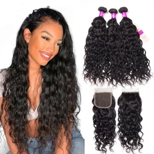 8A 300g/3 Bündel Brasilianische Wasserwelle Locken Echthaar Bündel & 6x6 Spitzenverschluss - Bild 1 von 4