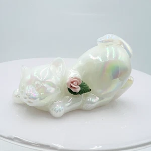 Fenton Vntg Art Glass Opalescent White Pouncing Cat Figurine Pink Porcelain Rose - Picture 1 of 12