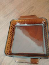 Anchor Hocking FIRE KING Amber 8" Square Ribbed Baking Dish Two Handle Casserole