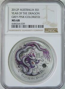 2012 Australia Year of Dragon Grey Pink Colorized $1 1oz Silver Coin NGC MS68