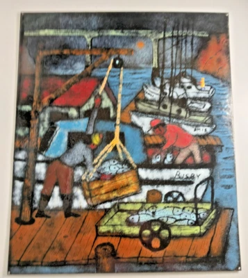 Pintura vintage esmalte em chapa metálica pescadores descarregando captura por Bridge Bisby - Imagem 1 de 4