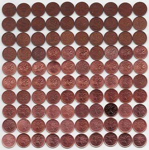 NICE COLLECTION OF 100 CANADA 1920-2012 ONE CENT PENNIES - Picture 1 of 2