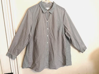 Blusa para mujer Jill 3X Plus gris blanco a rayas túnica abotonada manga larga Foto 1 de 4