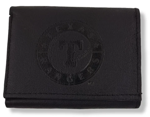 MLB Texans Rangers Team Logo Embossed Black Leather Trifold Wallet 12052211 Cover
