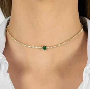 12Ct Heart Created Green Emerald Diamond Tennis Necklace 14K Yellow Gold Finish - Picture 1 of 9