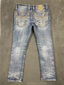 Jeans Rock Revival uomo 33x31 blu cipresso dritto anticato riparazione denim difetto - Foto 1 di 12