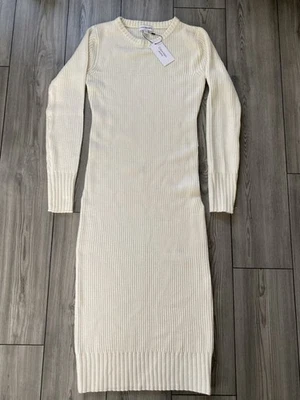NWT Calvin Klein Jeans Ivory Midi Ribbed Side Partial Zip Sweater Dress SZ XS - Image 1 of 4