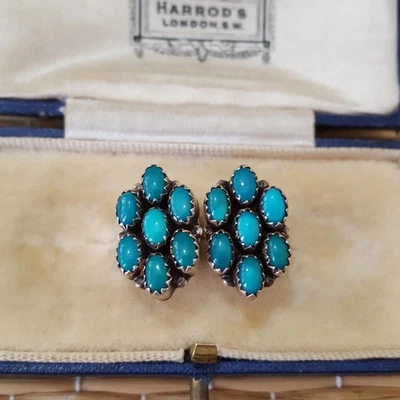 Vintage 925 Sterling Silver Stud Earrings, Genuine Turquoise, Native American  - Image 1 of 4