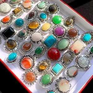 Wholesale 12pcs Big Natural Stone Vintage Rings Women Mix Antique Silver Jewelry - Picture 1 of 9