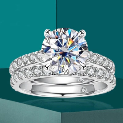 Round Cut Moissanite Half Eternity Rings Set S925 Silver Solid 14K White Gold - Image 1 of 4